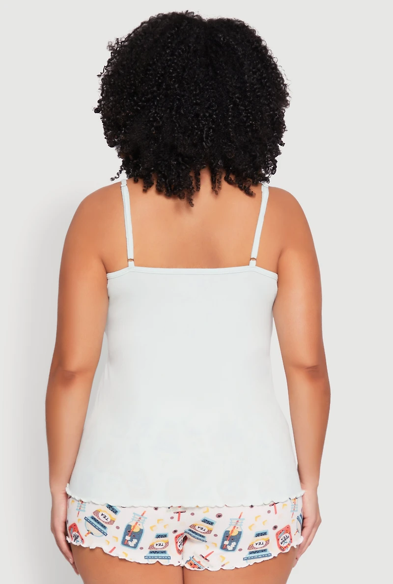 Womens Plus Size Pajama Cami and Shorts 3 Piece Set, Green, Size 3X