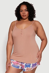Womens Plus Size Pajama Cami with Shorts 3 Piece Set, Beige, Size 1X