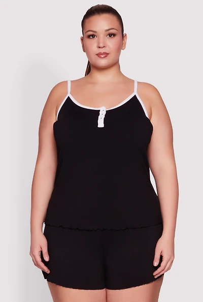 Womens Plus Size Lettuce Edge Pajama Cami and Shorts, Black, Size 2X
