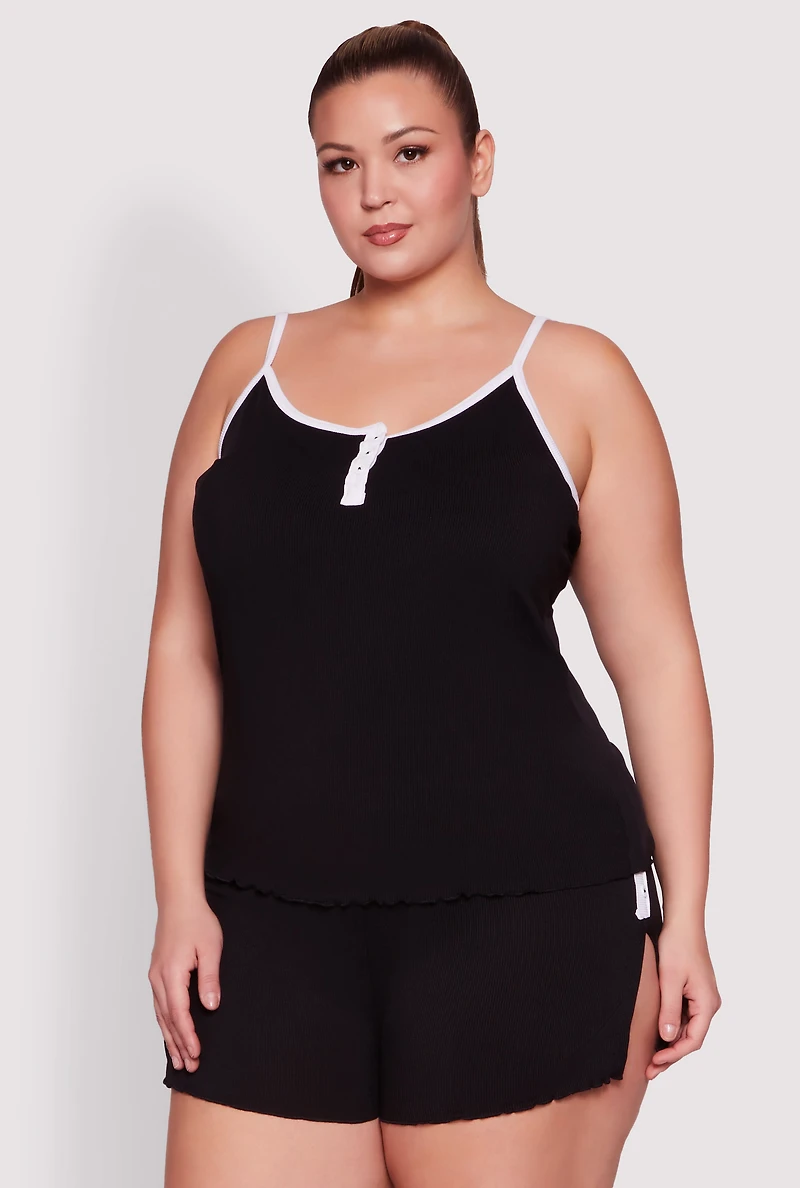 Womens Plus Size Lettuce Edge Pajama Cami and Shorts, Black, Size 2X