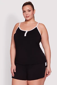 Womens Plus Size Lettuce Edge Pajama Cami and Shorts, Black, Size 2X