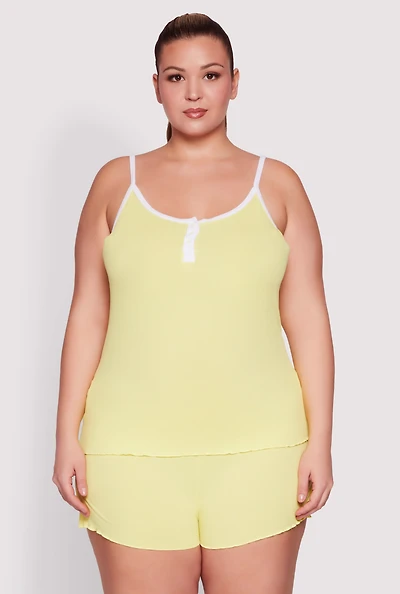 Womens Plus Size Lettuce Edge Pajama Cami and Shorts, Yellow, Size 1X