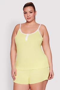 Womens Plus Size Lettuce Edge Pajama Cami and Shorts, Yellow, Size 1X