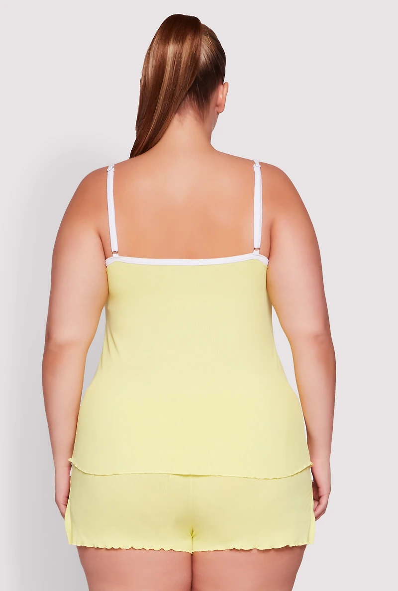 Womens Plus Size Lettuce Edge Pajama Cami and Shorts, Yellow, Size 1X