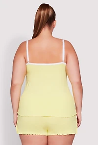 Womens Plus Size Lettuce Edge Pajama Cami and Shorts, Yellow, Size 1X