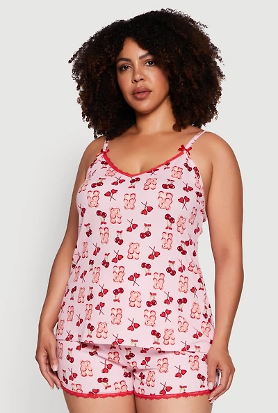 Womens Plus Size Cherry Teddy Print Pajama Cami and Shorts, Pink, Size 2X
