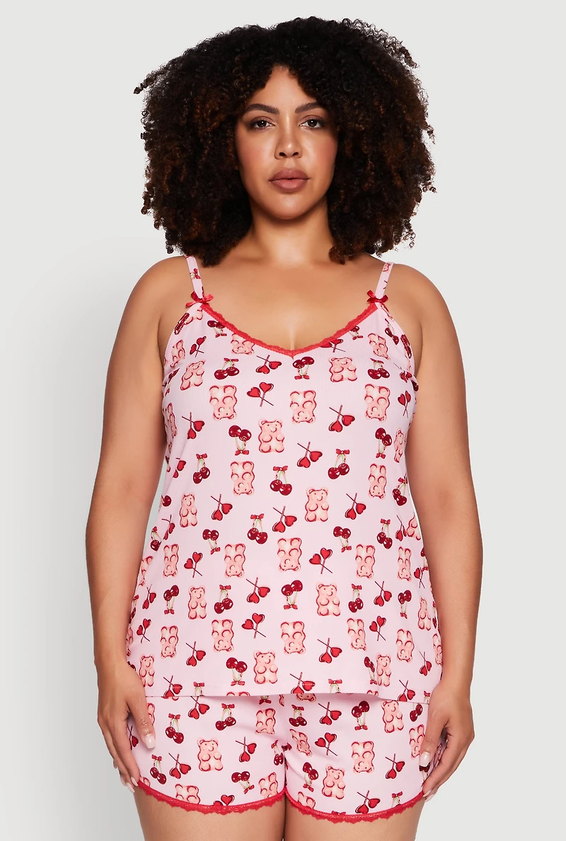 Womens Plus Size Cherry Teddy Print Pajama Cami and Shorts, Pink, Size 2X