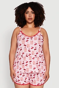 Womens Plus Size Cherry Teddy Print Pajama Cami and Shorts, Pink, Size 2X