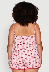 Womens Plus Size Cherry Teddy Print Pajama Cami and Shorts, Pink, Size 2X