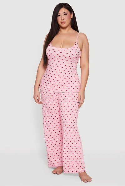 Plus Soft Knit Heart Print Pajama Cami and Pants Set