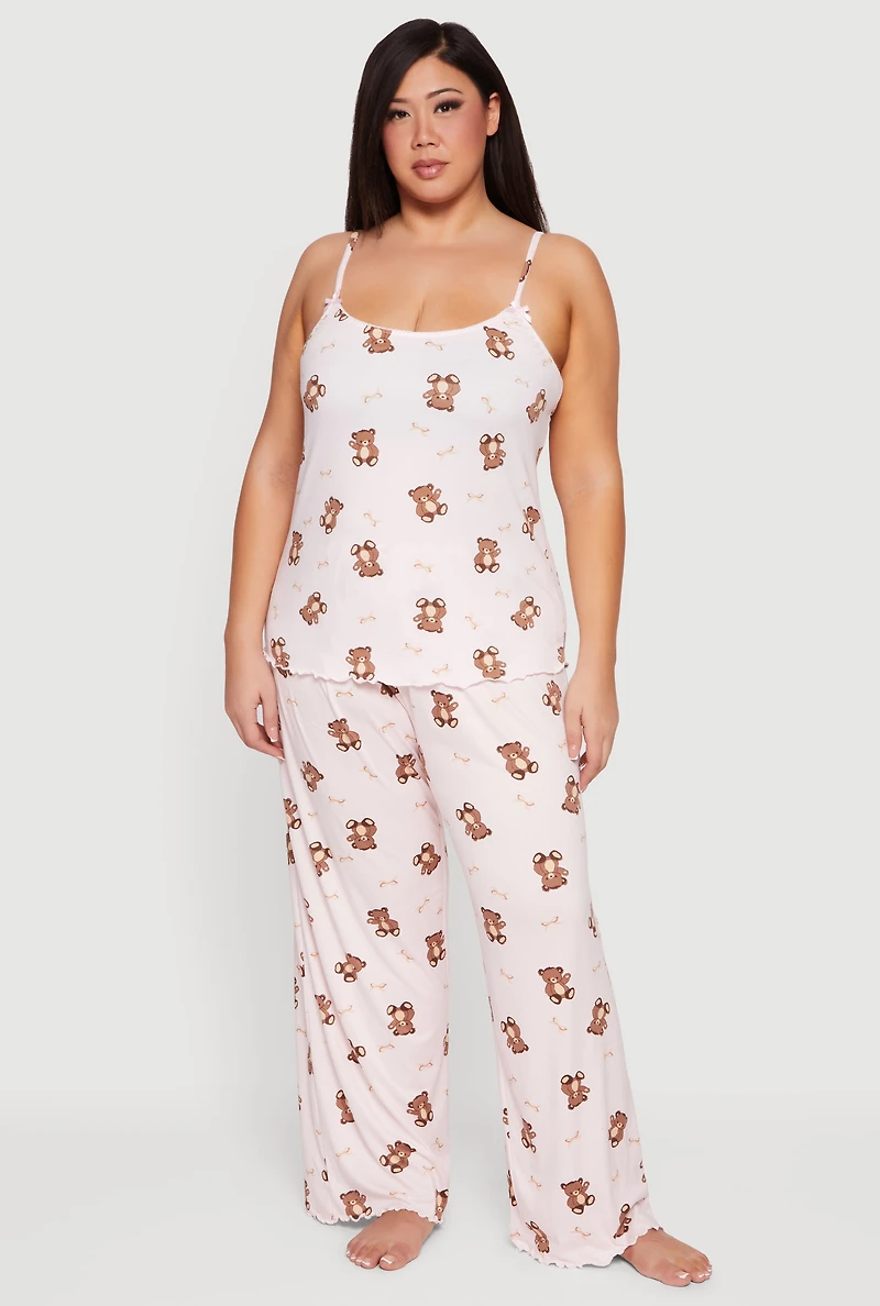 Plus Teddy Bear Print Pajama Cami and Pants