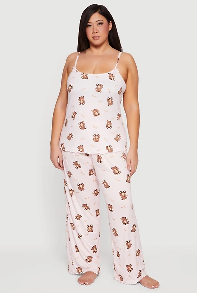 Plus Teddy Bear Print Pajama Cami and Pants