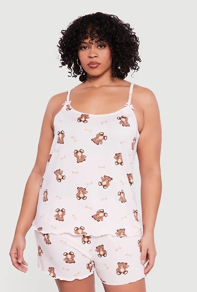 Plus Teddy Bear Print Pajama Cami and Shorts