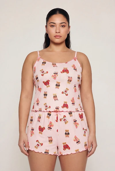 Plus Striped Bear Graphic Pajama Cami and Shorts Set