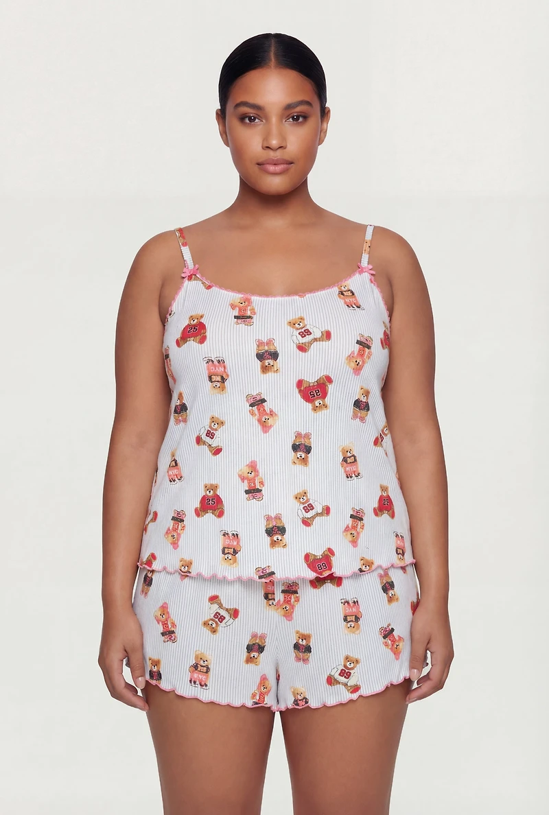 Plus Striped Bear Graphic Pajama Cami and Shorts Set