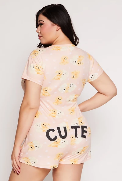 Womens Plus Teddy Bear Print Button Front Pajama Romper, Pink,