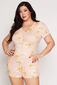 Womens Plus Size Teddy Bear Print Button Front Pajama Romper, Pink, Size 1X