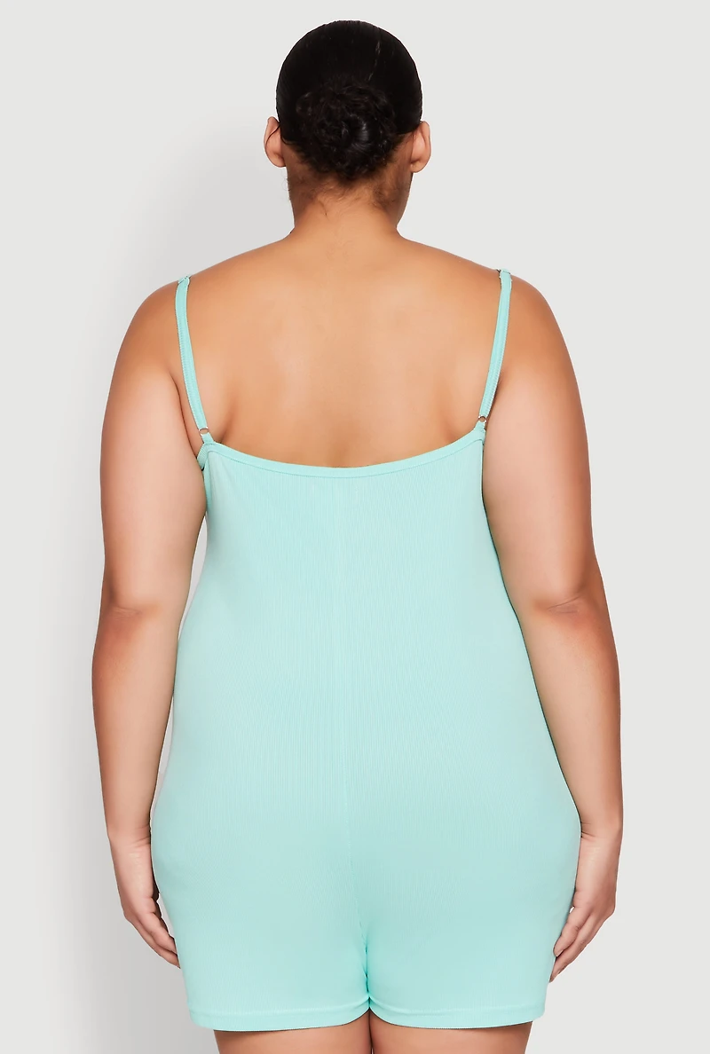 Womens Plus Ribbed Knit Ruffle Cami Pajama Romper, Green,