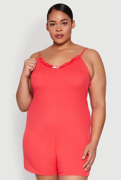 Womens Plus Ribbed Knit Ruffle Cami Pajama Romper, 3X
