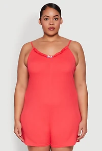 Womens Plus Ribbed Knit Ruffle Cami Pajama Romper, Red,
