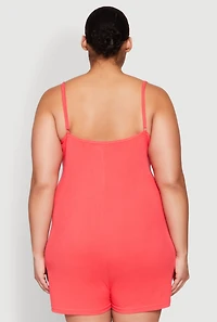 Womens Plus Ribbed Knit Ruffle Cami Pajama Romper, Red,