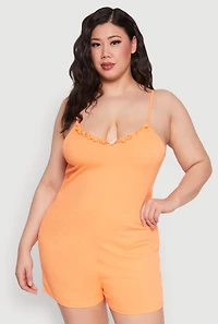 Womens Plus Size Ribbed Knit Ruffle Cami Pajama Romper, Orange, Size 3X