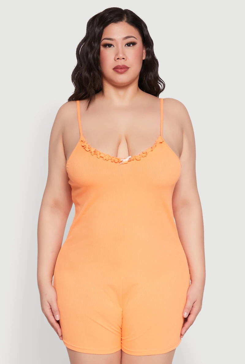 Womens Plus Size Ribbed Knit Ruffle Cami Pajama Romper, Orange, Size 2X