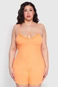 Womens Plus Size Ribbed Knit Ruffle Cami Pajama Romper, Orange, Size 2X