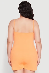 Womens Plus Size Ribbed Knit Ruffle Cami Pajama Romper, Orange, Size 2X