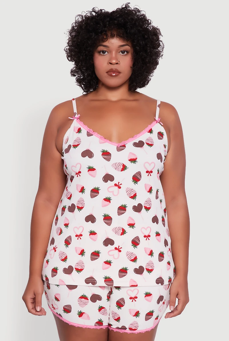Womens Plus Size Chocolate Strawberry Print Pajama Cami and Shorts, White, Size 3X