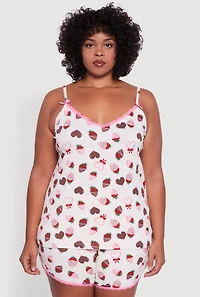 Womens Plus Size Chocolate Strawberry Print Pajama Cami and Shorts, White, Size 3X