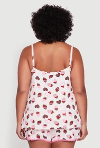 Womens Plus Size Chocolate Strawberry Print Pajama Cami and Shorts, White, Size 3X