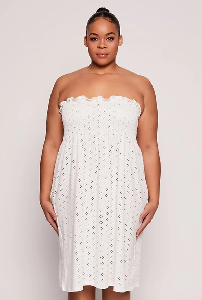 Womens Plus Eyelet Strapless Sleep Dress, White,