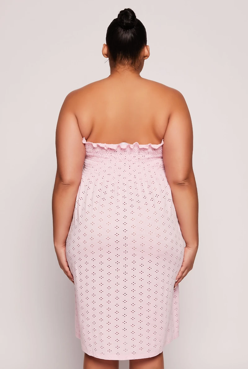 Womens Plus Size Eyelet Strapless Sleep Dress, Pink, Size 1X