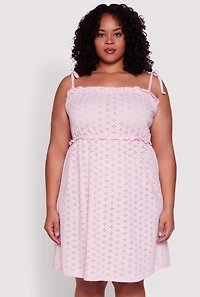 Womens Plus Size Tie Strap Eyelet Sleep Dress, Pink, Size 1X