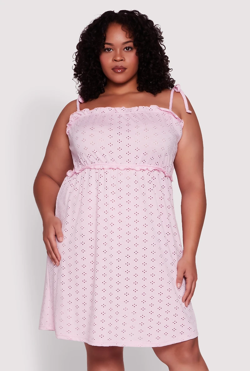 Womens Plus Size Tie Strap Eyelet Sleep Dress, Pink, Size 1X