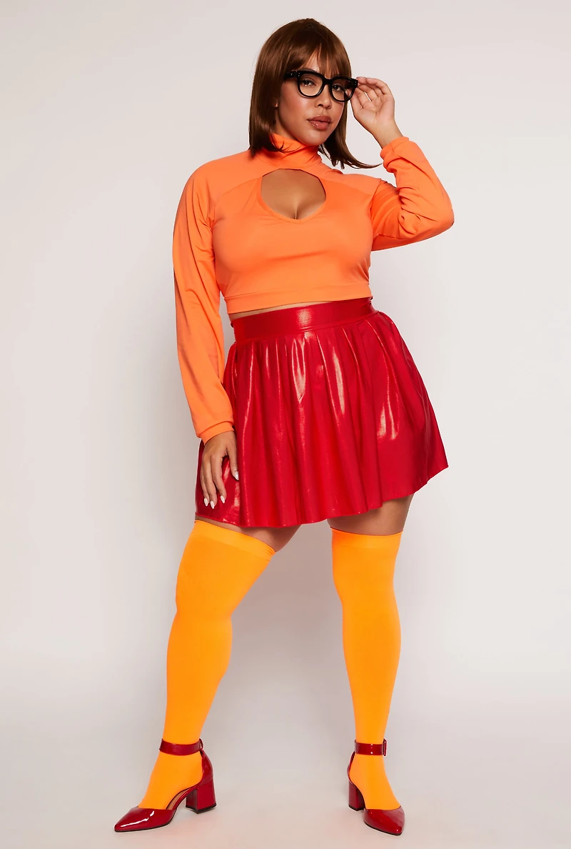 Womens Plus Sexy Smarty Detective Costume with Wig, Orange,