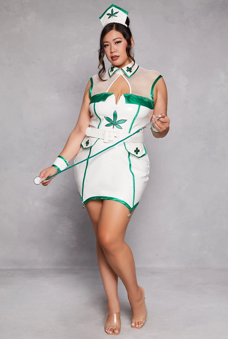 Womens Plus Size MJ Nurse Babe Costume, Green, Size 1X