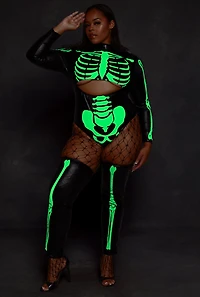 Womens Plus Size Sultry Glow In The Dark Skeleton Costume, Black, Size 2X