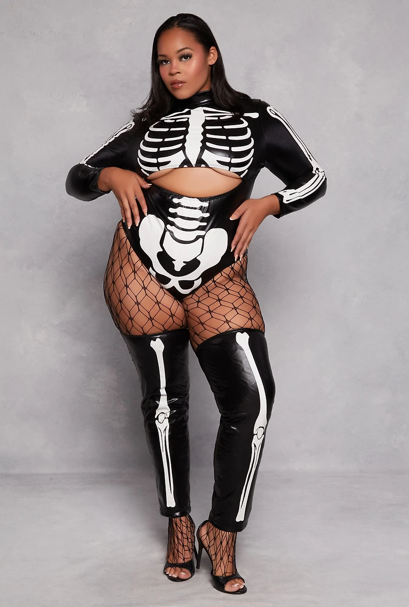 Womens Plus Size Sultry Glow In The Dark Skeleton Costume, Black, Size 2X
