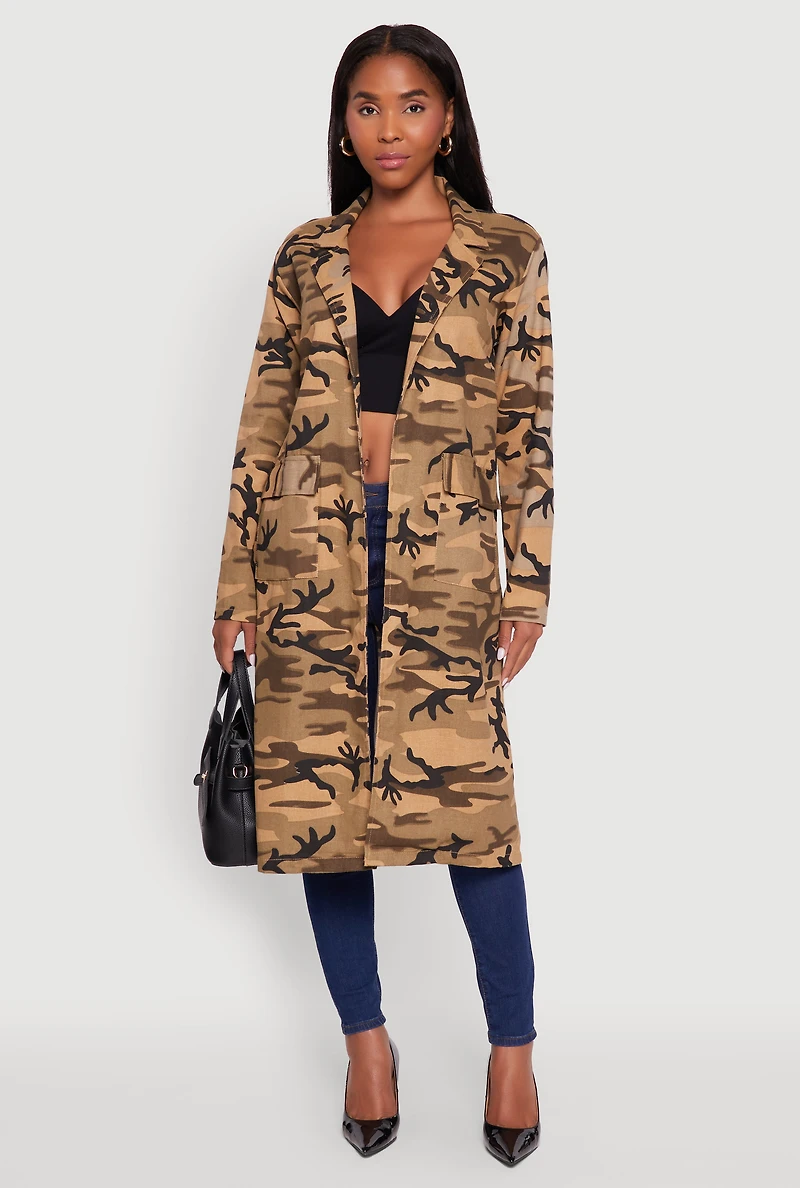 Womens Camouflage Open Front Trench Coat, S