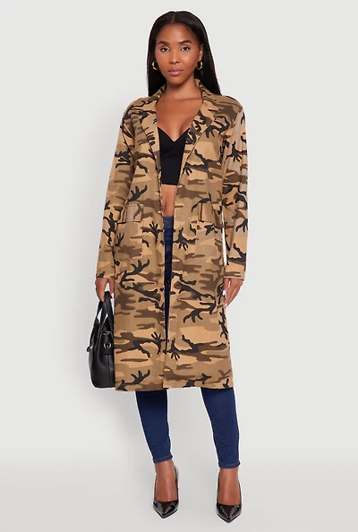 Womens Camouflage Open Front Trench Coat, S