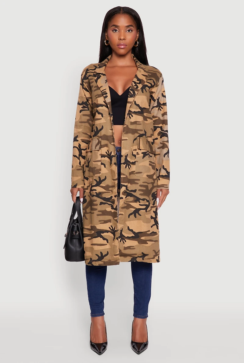Womens Camouflage Open Front Trench Coat, S