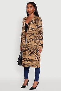Womens Camouflage Open Front Trench Coat, Brown, Size M