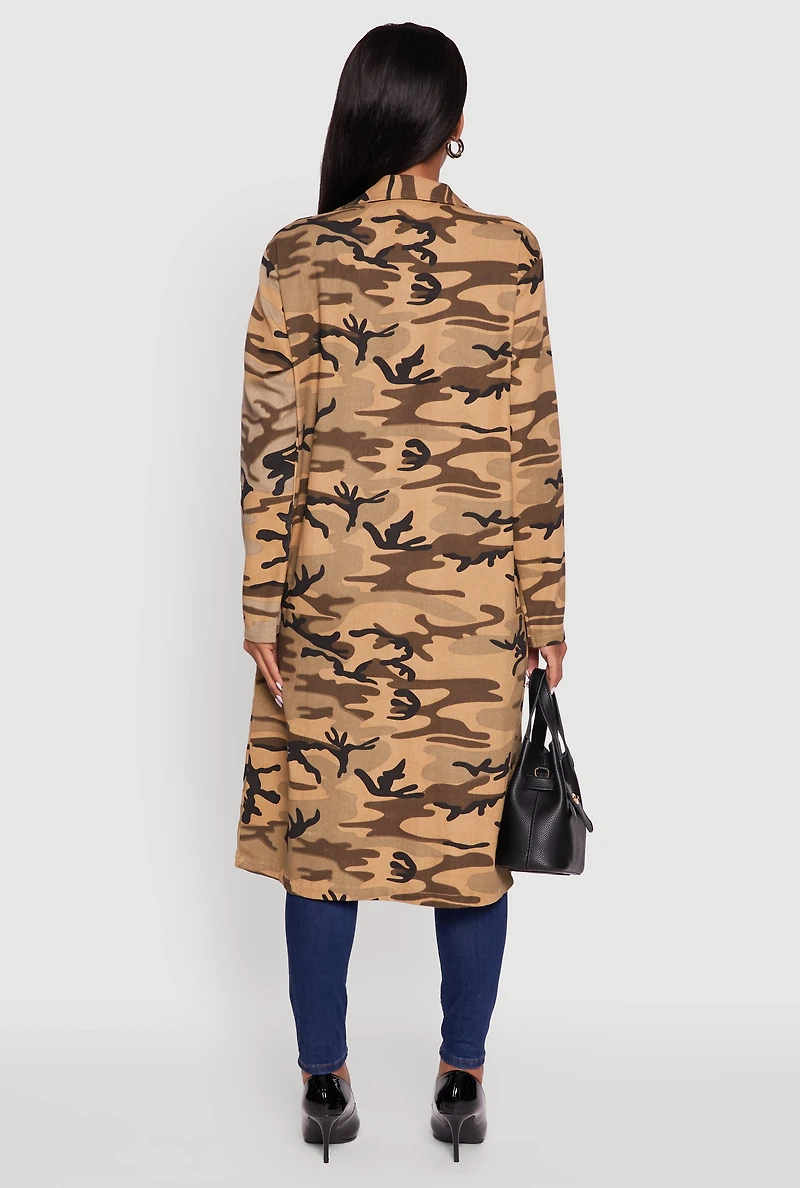 Womens Camouflage Open Front Trench Coat, S