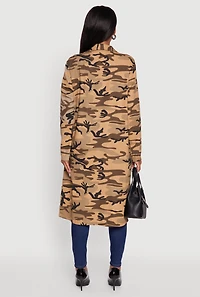 Womens Camouflage Open Front Trench Coat, S