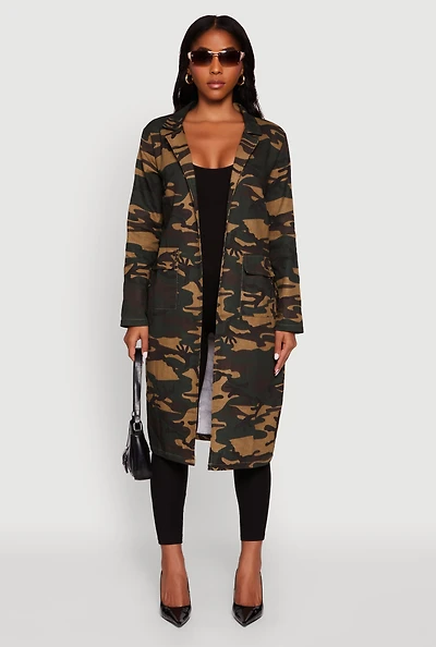 Womens Camouflage Open Front Trench Coat, Green, Size L