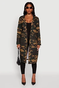 Womens Camouflage Open Front Trench Coat, Green, Size L