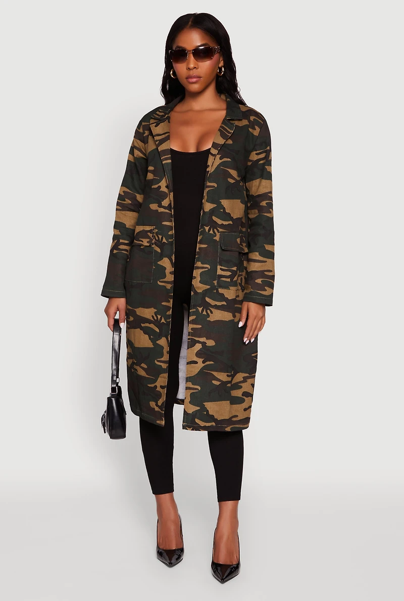 Womens Camouflage Open Front Trench Coat, Green, Size L