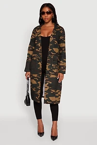 Womens Camouflage Open Front Trench Coat, Green, Size L